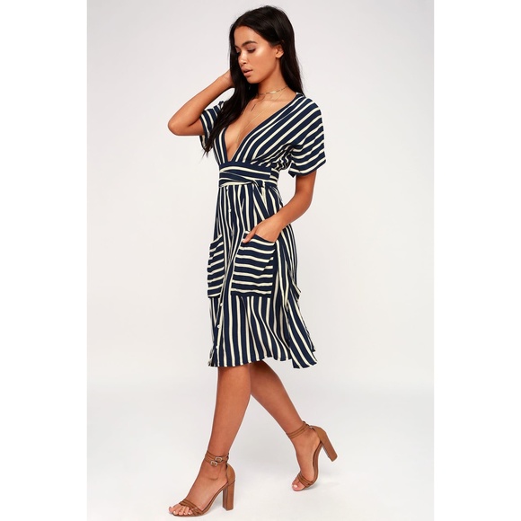 Faithfull the Brand Milan Striped Dress Navy Sz US 4/S - Picture 2 of 9